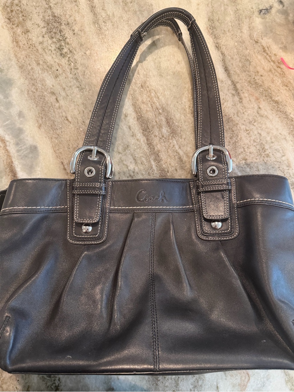 Coach Black Leather Shoulder Tote with Silver Hardware